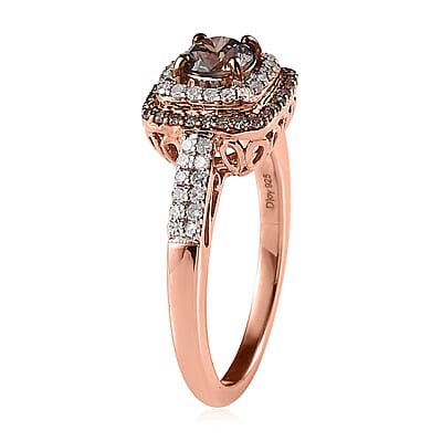 Natural Champagne and White Diamond Double Halo Ring in Vermeil Rose Gold Over Sterling Silver (Size 10.0) 1.00 ctw
