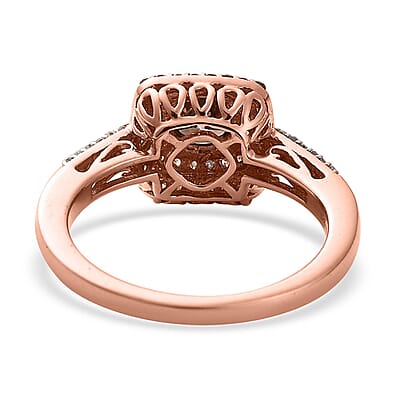 Natural Champagne and White Diamond Double Halo Ring in Vermeil Rose Gold Over Sterling Silver (Size 10.0) 1.00 ctw
