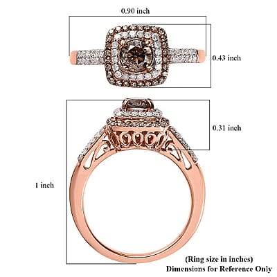 Natural Champagne and White Diamond Double Halo Ring in Vermeil Rose Gold Over Sterling Silver (Size 10.0) 1.00 ctw