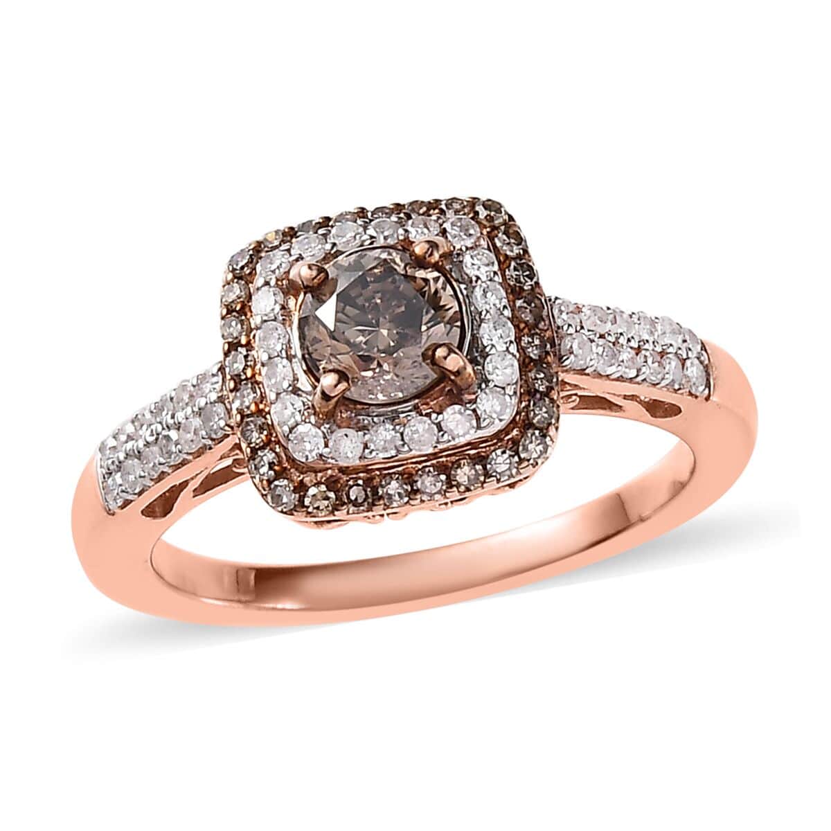 Natural Champagne and White Diamond Double Halo Ring in Vermeil Rose Gold Over Sterling Silver (Size 6.0) 1.00 ctw image number 0