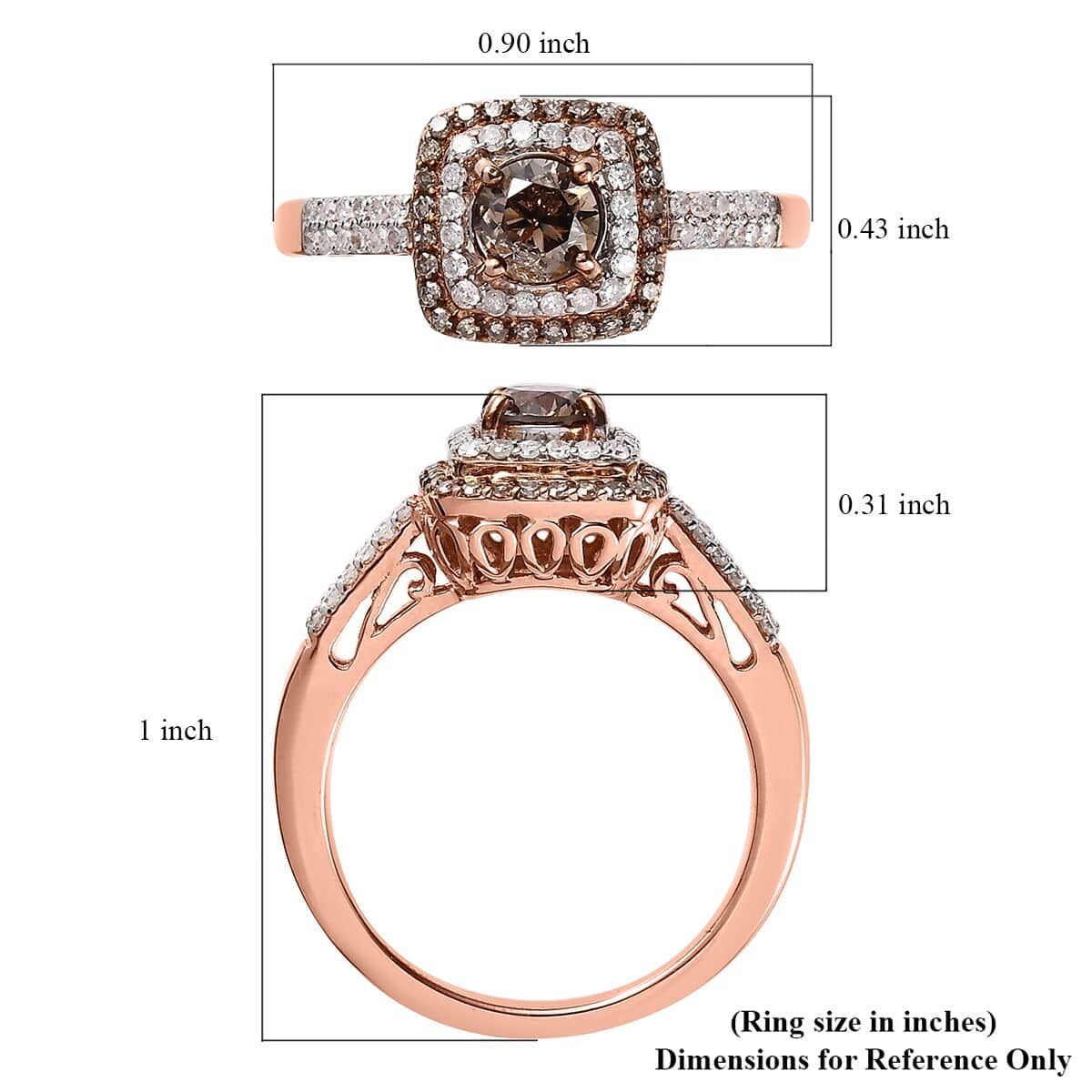 Natural Champagne and White Diamond Double Halo Ring in Vermeil Rose Gold Over Sterling Silver (Size 6.0) 1.00 ctw image number 5