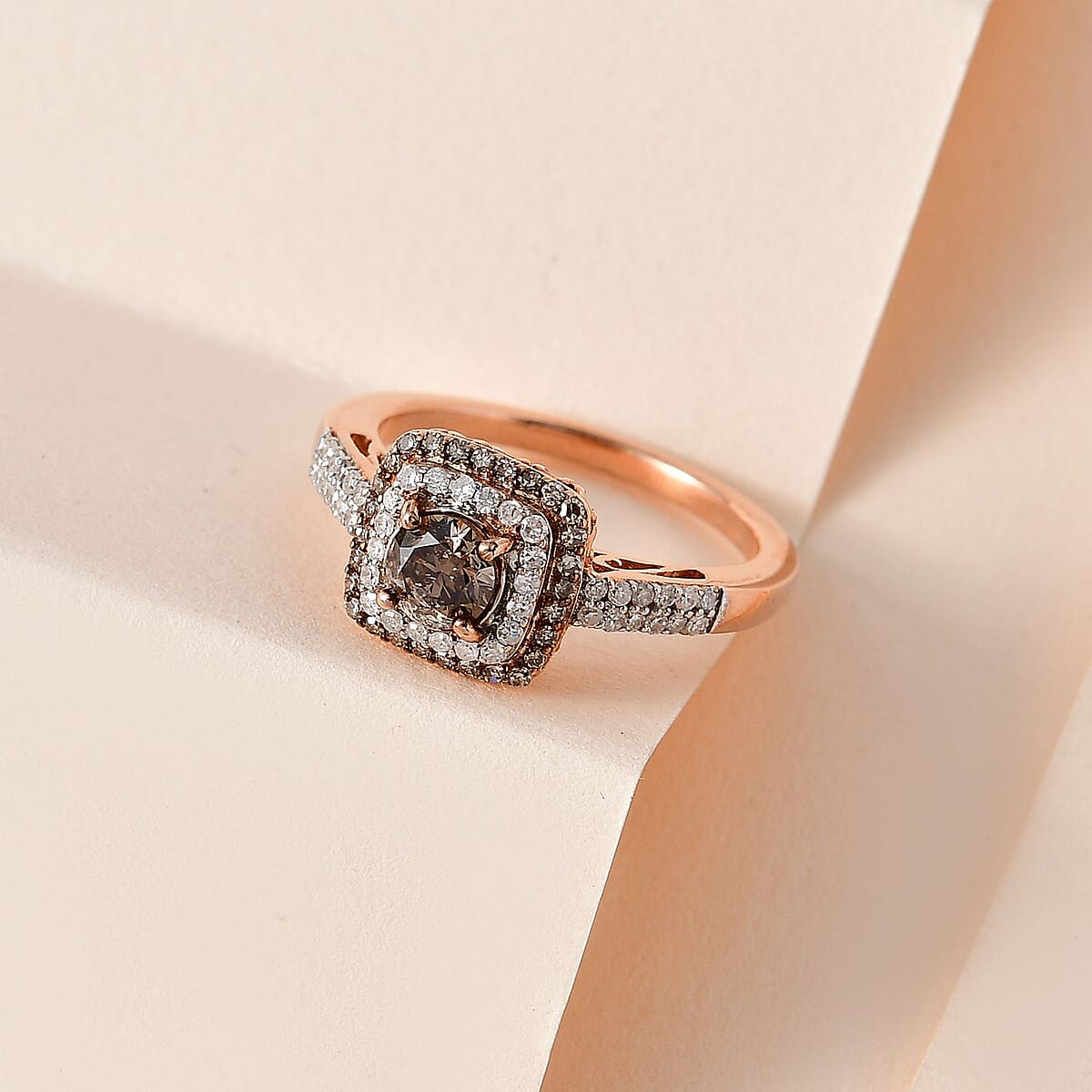 Natural Champagne and White Diamond Double Halo Ring in Vermeil Rose Gold Over Sterling Silver (Size 8.0) 1.00 ctw image number 1