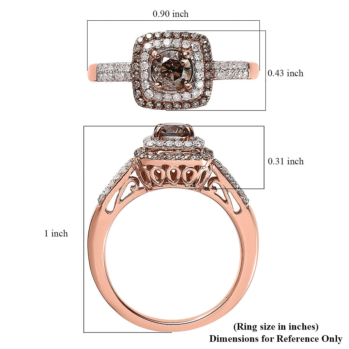 Natural Champagne and White Diamond Double Halo Ring in Vermeil Rose Gold Over Sterling Silver (Size 8.0) 1.00 ctw image number 5