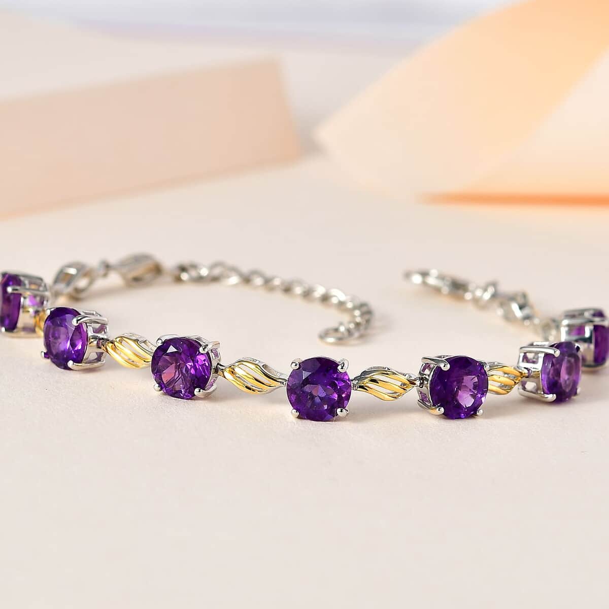 Karis African Amethyst Station Bracelet in 18K YG Plated and Platinum Bond (6.50-8.0In) 8.40 ctw image number 1