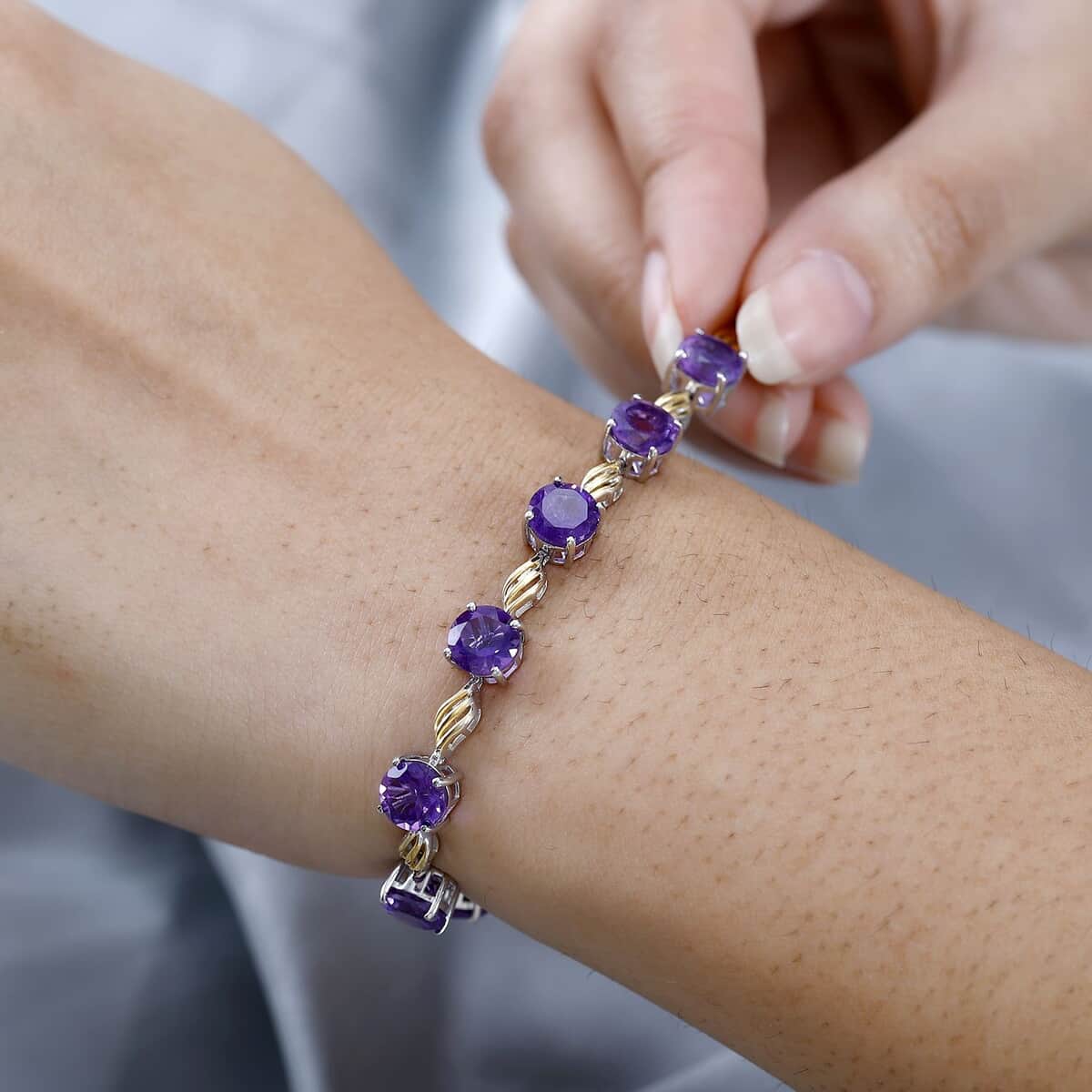 Karis African Amethyst Station Bracelet in 18K YG Plated and Platinum Bond (6.50-8.0In) 8.40 ctw image number 2