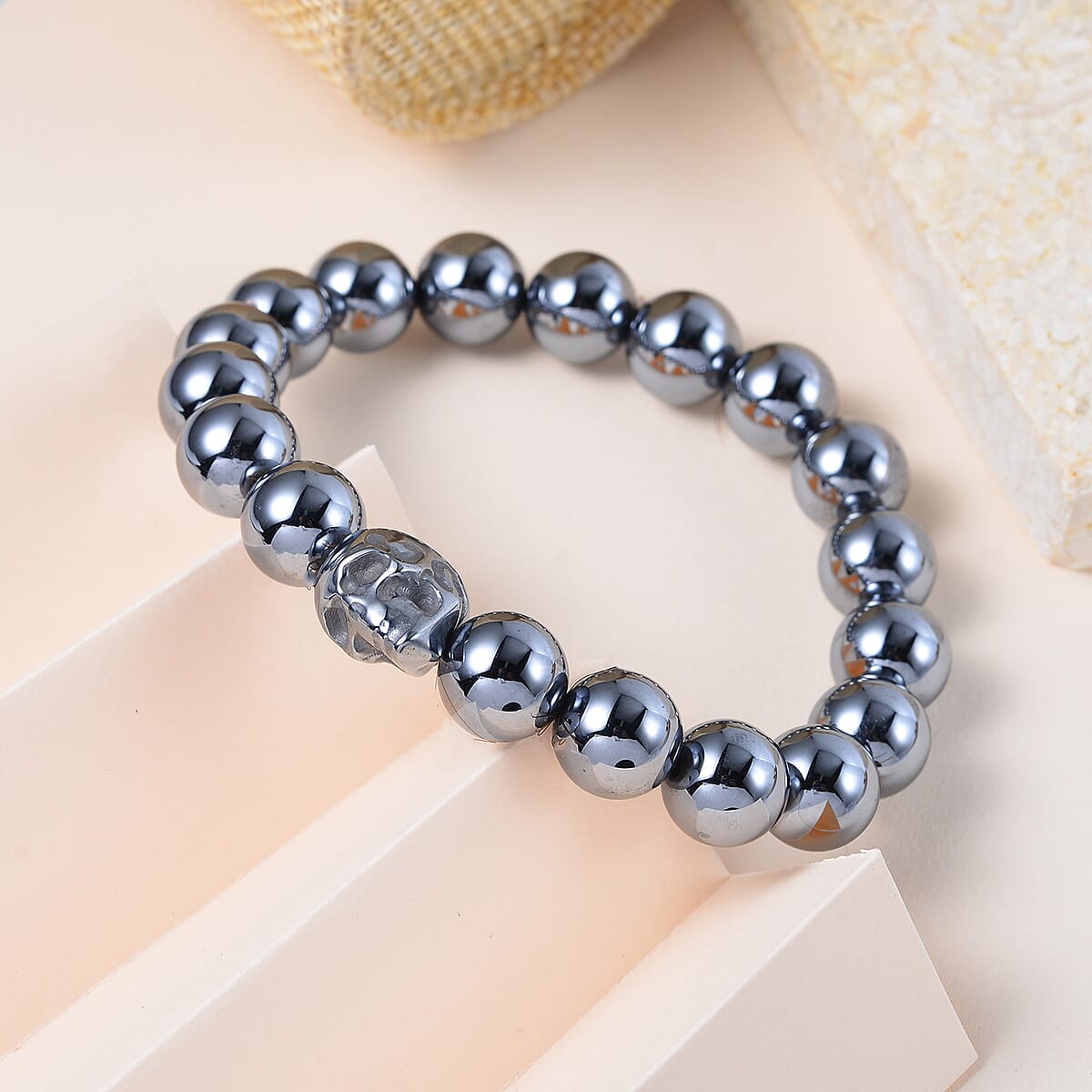 Terahertz Skull Carved Beaded Stretch Bracelet 129.50 ctw image number 1
