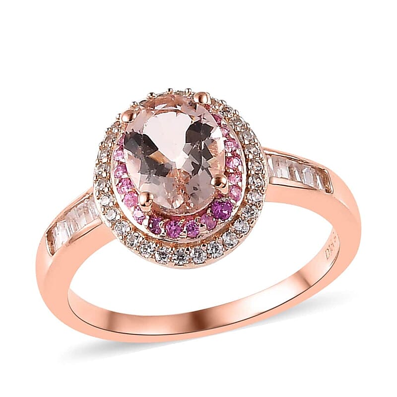 Premium Marropino Morganite and Multi Gemstone Double Halo Ring in Vermeil Rose Gold Over Sterling Silver (Size 10.0) 2.00 ctw