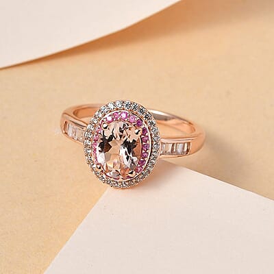 Premium Marropino Morganite and Multi Gemstone Double Halo Ring in Vermeil Rose Gold Over Sterling Silver (Size 10.0) 2.00 ctw