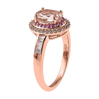 Premium Marropino Morganite and Multi Gemstone Double Halo Ring in Vermeil Rose Gold Over Sterling Silver (Size 10.0) 2.00 ctw
