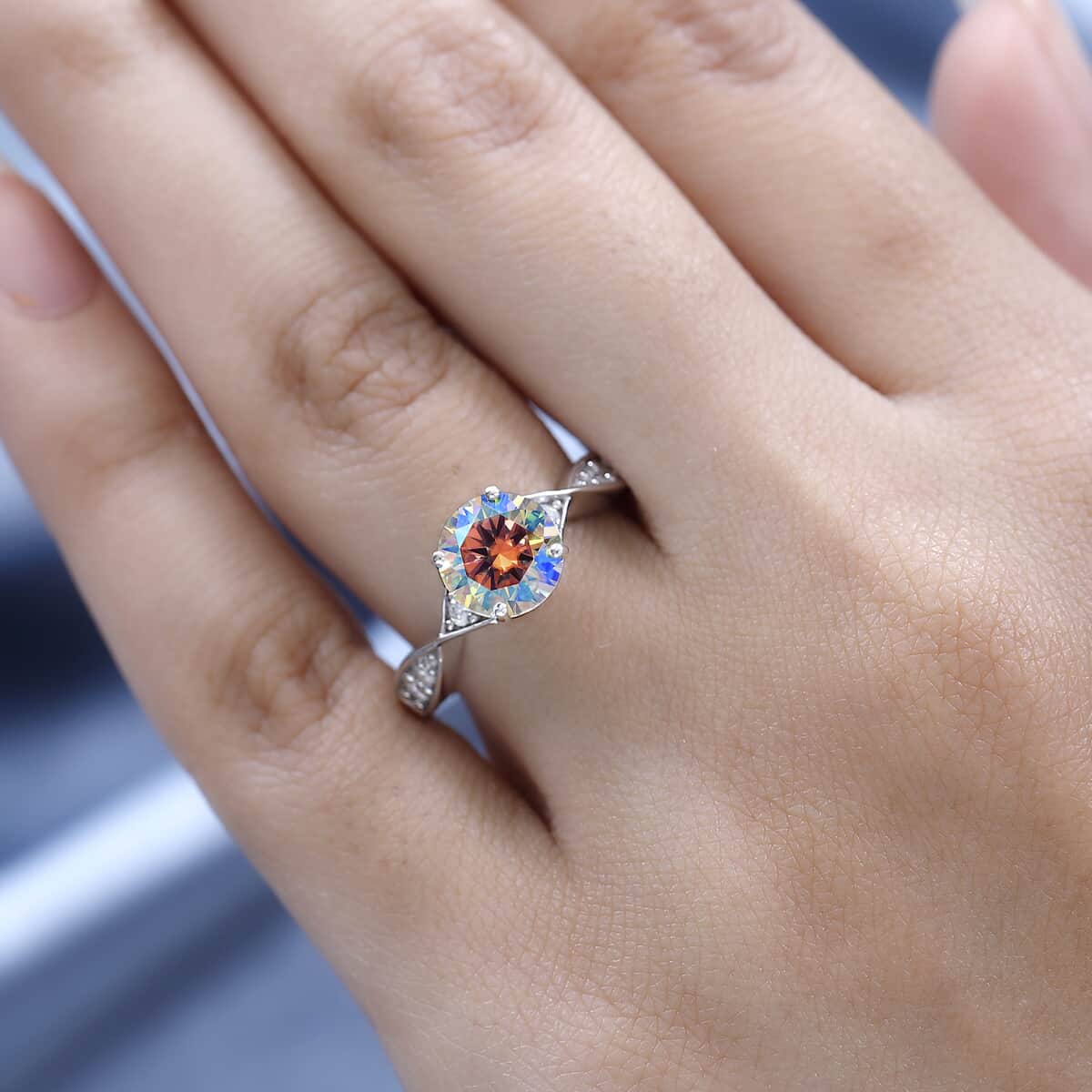 Dichroic Luminous Moissanite and White Moissanite Ring in Platinum Over Sterling Silver 1.85 ctw image number 2