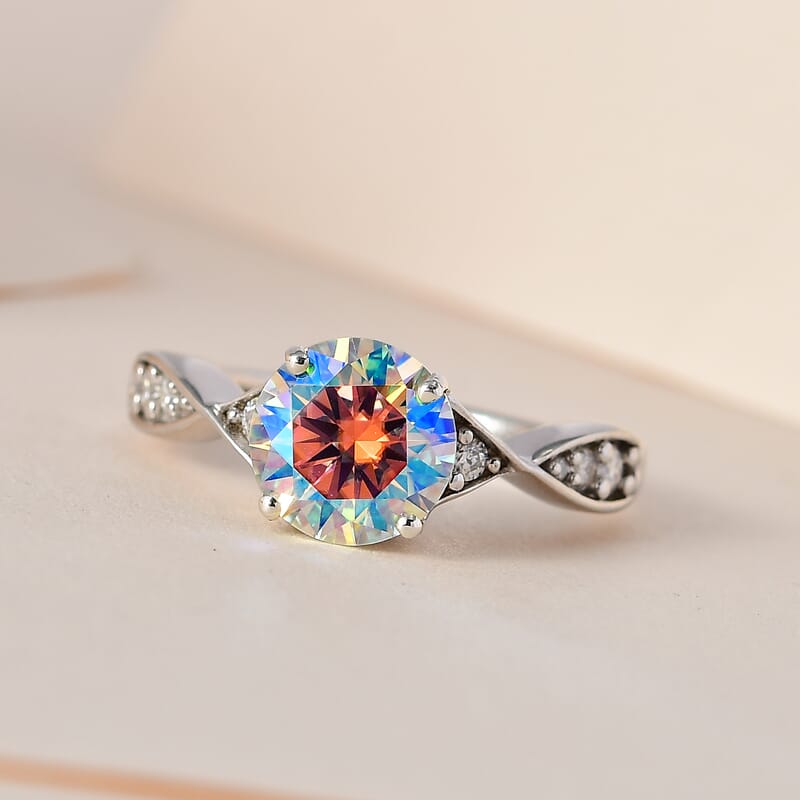 Dichroic Luminous Moissanite and White Moissanite Ring in Platinum Over Sterling Silver (Size 5.0) 1.85 ctw