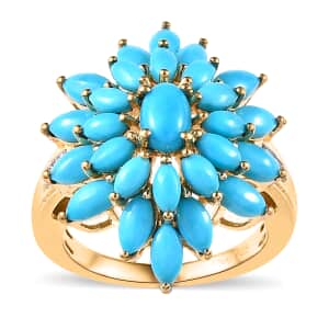 Sleeping Beauty Turquoise and White Zircon Floral Ring in Vermeil Yellow Gold Over Sterling Silver (Size 6.0) 4.00 ctw