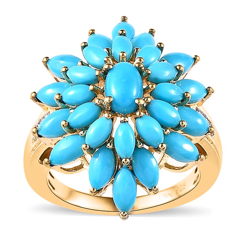 Sleeping Beauty Turquoise and White Zircon Floral Ring in Vermeil Yellow Gold Over Sterling Silver (Size 6.0) 4.00 ctw