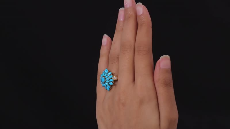 Sleeping Beauty Turquoise and White Zircon Floral Ring in Vermeil Yellow Gold Over Sterling Silver (Size 6.0) 4.50 ctw