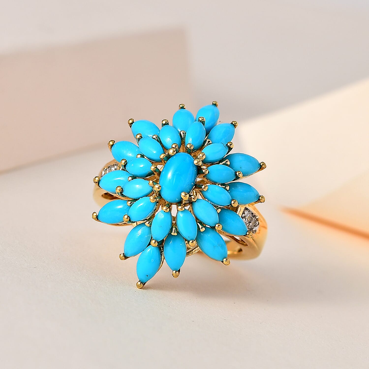 Sleeping Beauty Turquoise and White Zircon Floral Ring in Vermeil Yellow Gold Over Sterling Silver (Size 6.0) 4.00 ctw