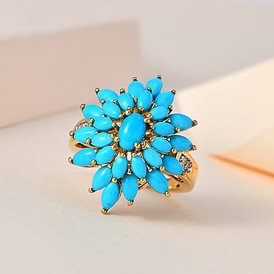 Sleeping Beauty Turquoise and White Zircon Floral Ring in Vermeil Yellow Gold Over Sterling Silver (Size 6.0) 4.00 ctw
