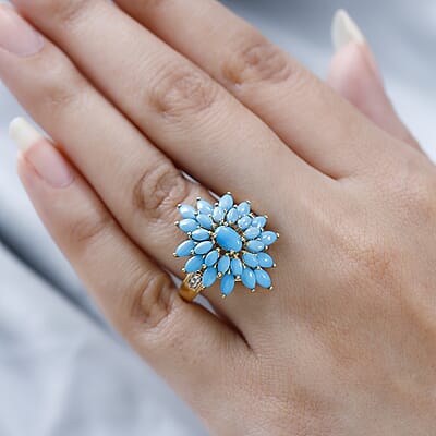 Sleeping Beauty Turquoise and White Zircon Floral Ring in Vermeil Yellow Gold Over Sterling Silver (Size 6.0) 4.00 ctw
