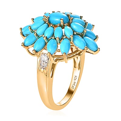 Sleeping Beauty Turquoise and White Zircon Floral Ring in Vermeil Yellow Gold Over Sterling Silver (Size 6.0) 4.00 ctw