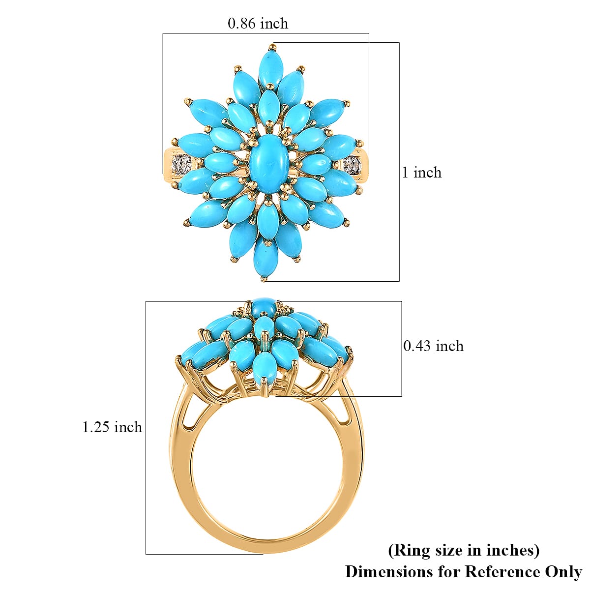 Sleeping Beauty Turquoise and White Zircon Floral Ring in Vermeil Yellow Gold Over Sterling Silver (Size 6.0) 4.00 ctw