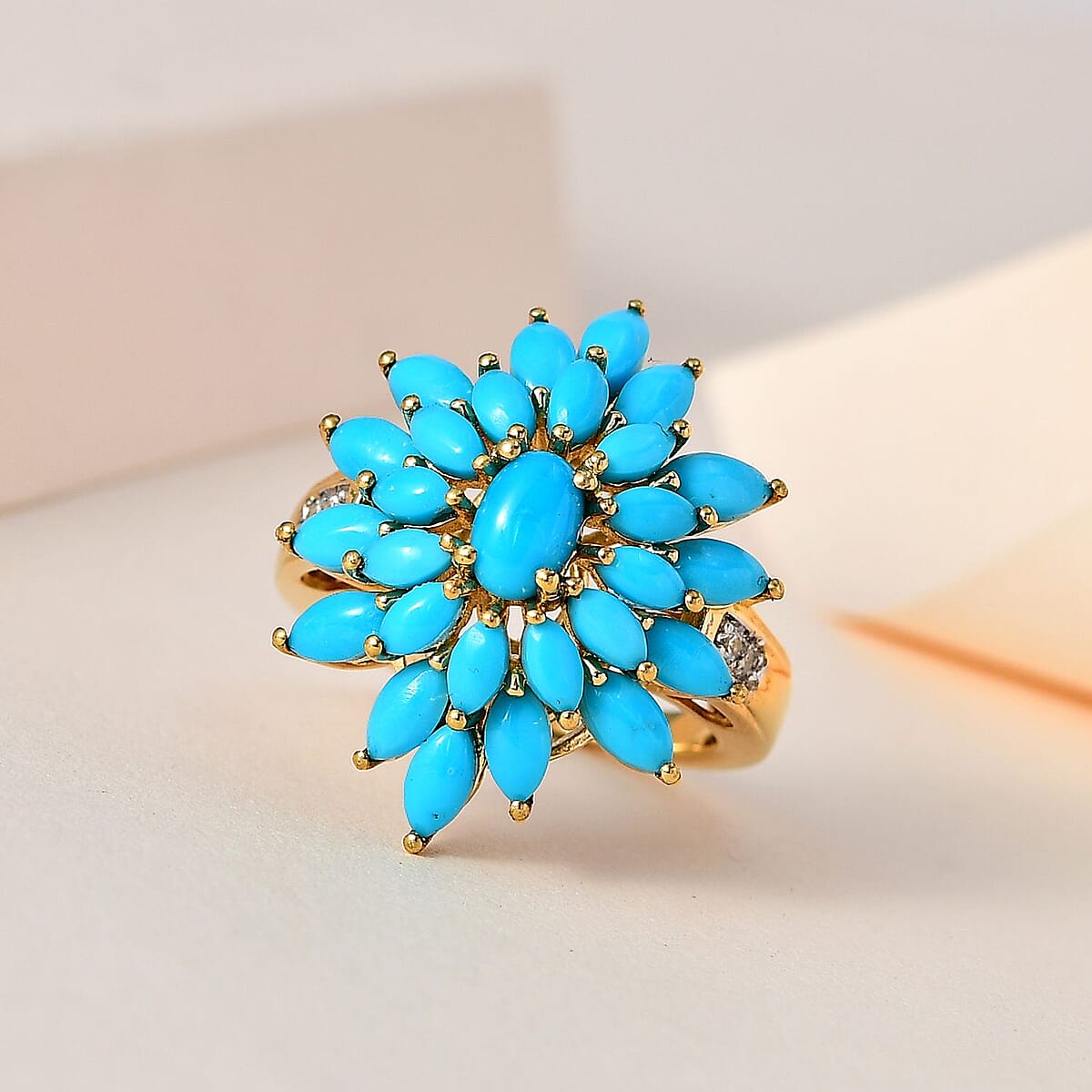 Sleeping Beauty Turquoise and White Zircon Floral Ring in Vermeil Yellow Gold Over Sterling Silver (Size 9.0) 4.00 ctw image number 1