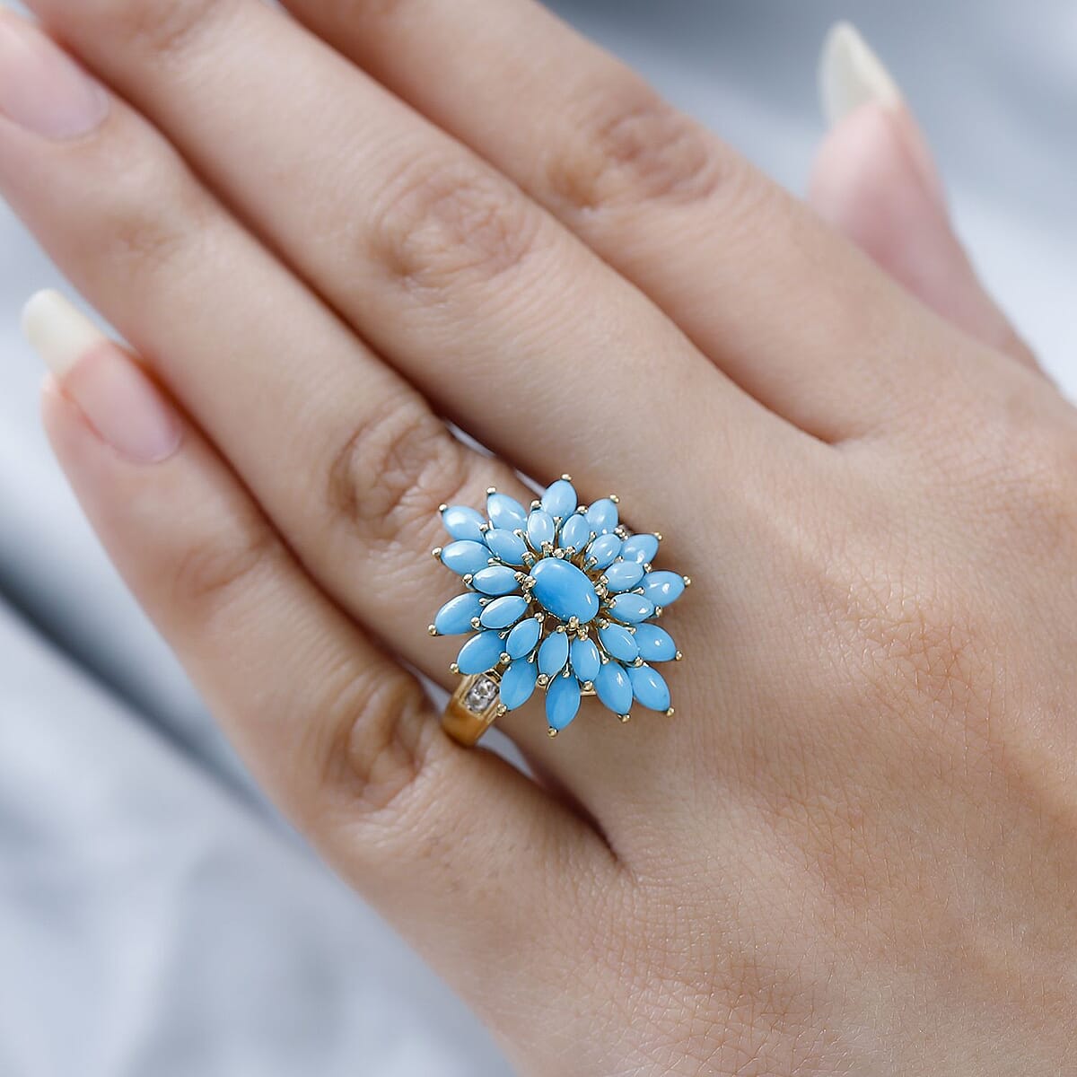 Sleeping Beauty Turquoise and White Zircon Floral Ring in Vermeil Yellow Gold Over Sterling Silver (Size 9.0) 4.00 ctw image number 2