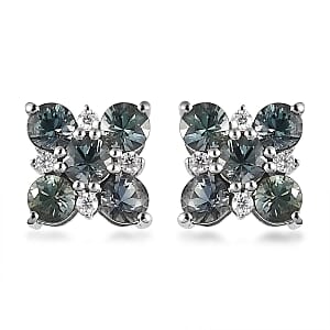 Natural Parti Sapphire and Moissanite Floral Stud Earrings in Platinum Over Sterling Silver 2.20 ctw