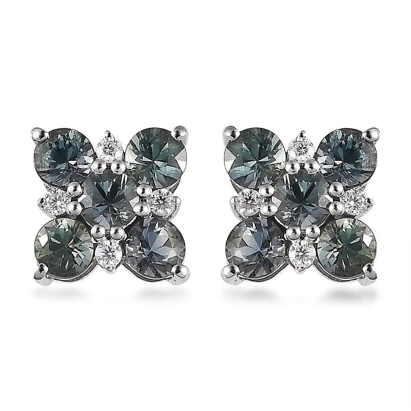 Natural Parti Sapphire and Moissanite Floral Stud Earrings in Platinum Over Sterling Silver 2.20 ctw