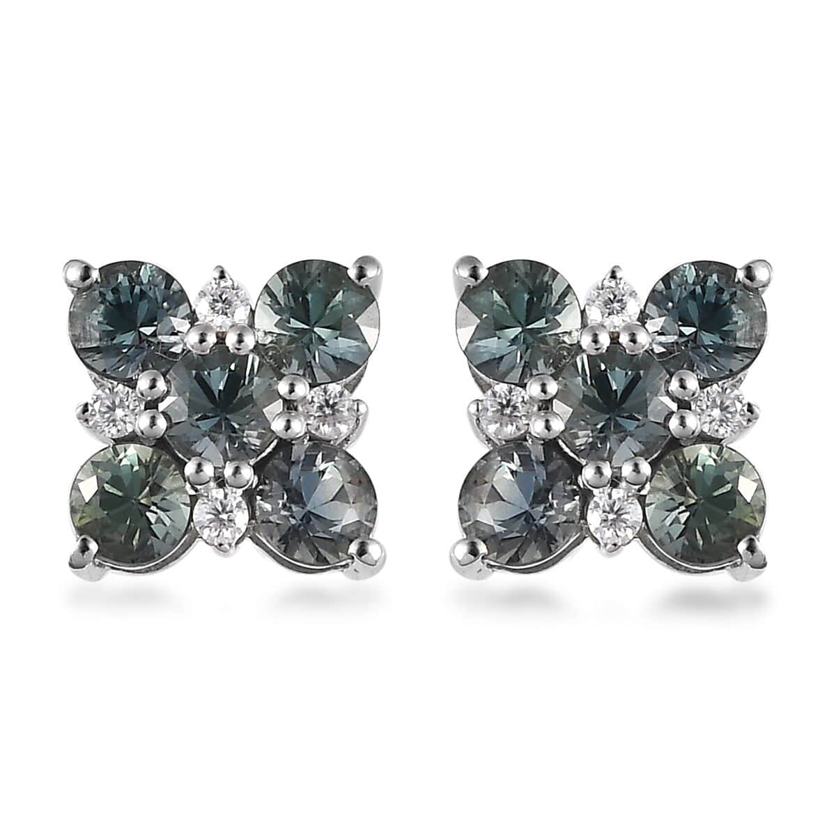 Natural Parti Sapphire and Moissanite Floral Stud Earrings in Platinum Over Sterling Silver 2.20 ctw image number 0