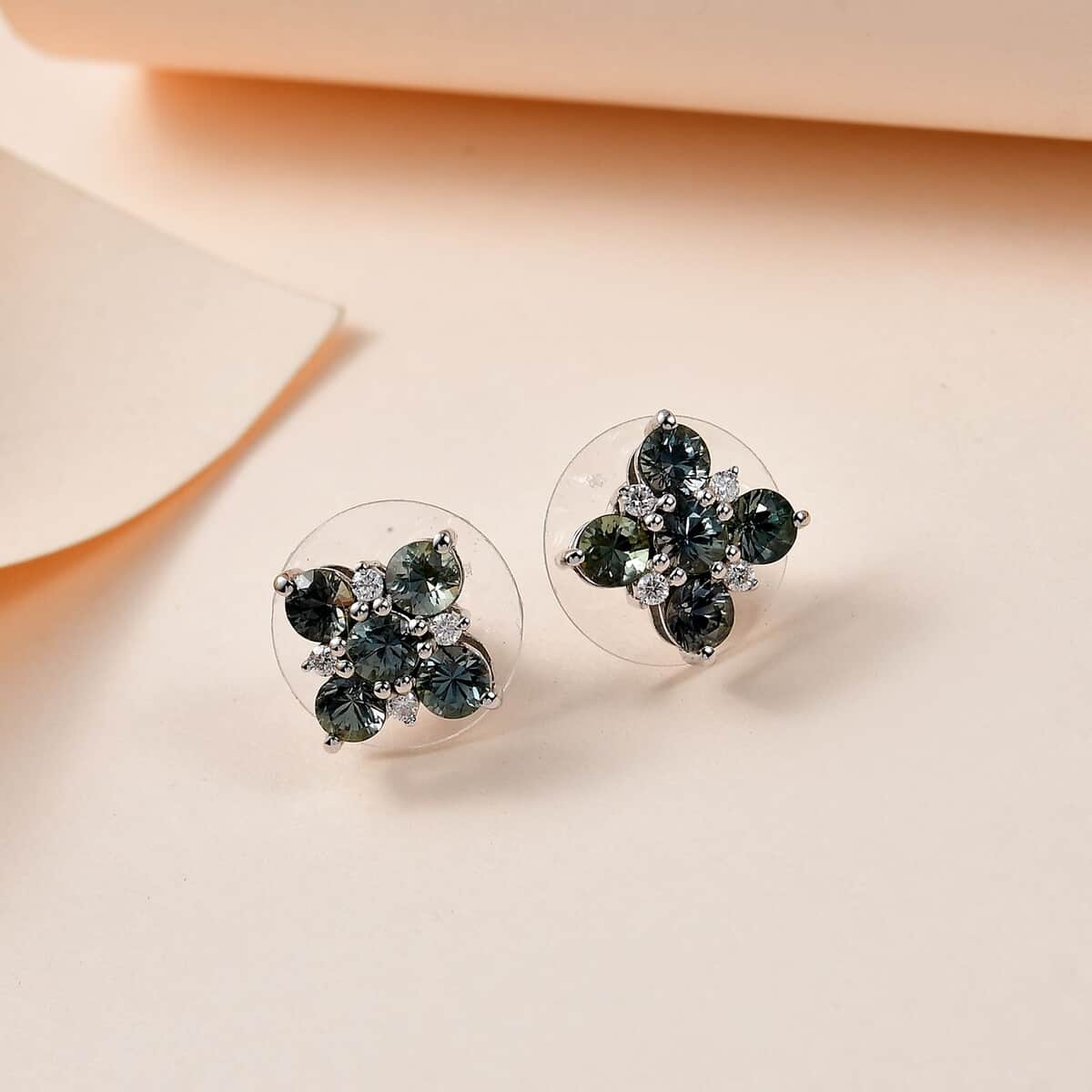 Natural Parti Sapphire and Moissanite Floral Stud Earrings in Platinum Over Sterling Silver 2.20 ctw image number 1