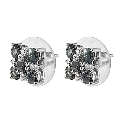 Natural Parti Sapphire and Moissanite Floral Stud Earrings in Platinum Over Sterling Silver 2.20 ctw