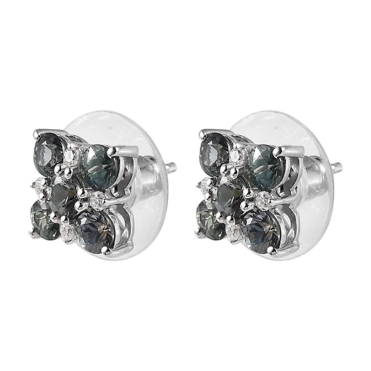Natural Parti Sapphire and Moissanite Floral Stud Earrings in Platinum Over Sterling Silver 2.20 ctw image number 3