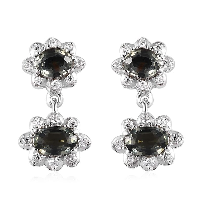 Natural Parti Sapphire and Moissanite Floral Stud Earrings in Platinum Over Sterling Silver 2.50 ctw