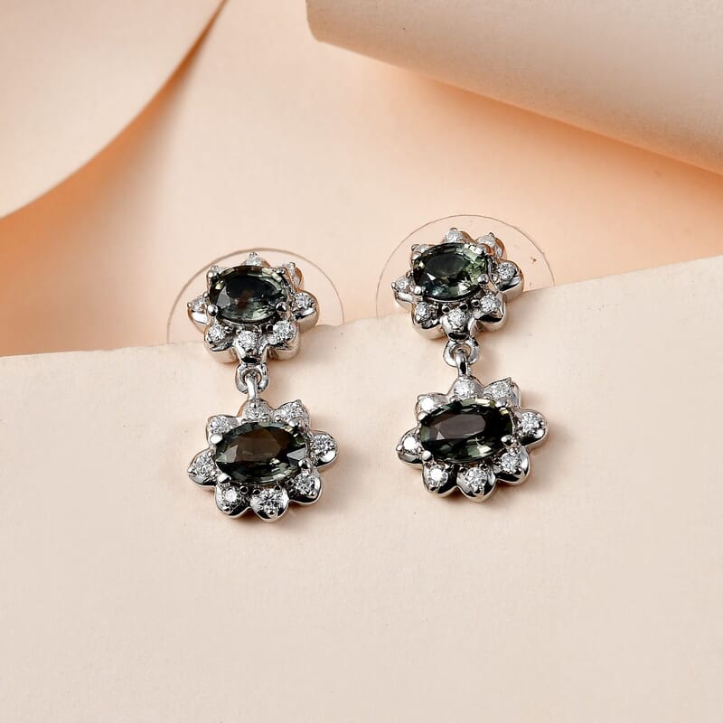 Natural Parti Sapphire and Moissanite Floral Stud Earrings in Platinum Over Sterling Silver 2.50 ctw
