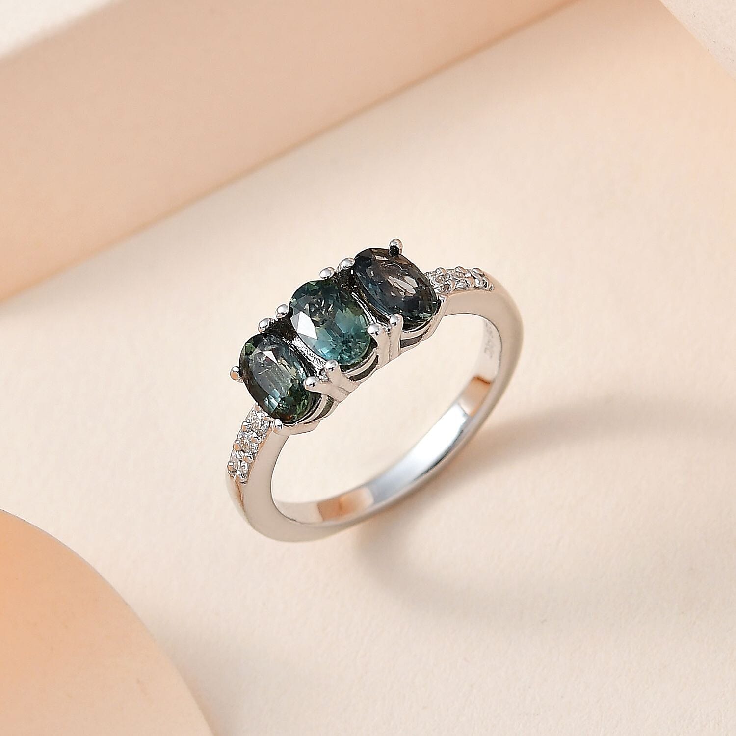 Natural Parti Sapphire and Moissanite Ring in Platinum Over Sterling Silver (Size 6.0) 1.50 ctw