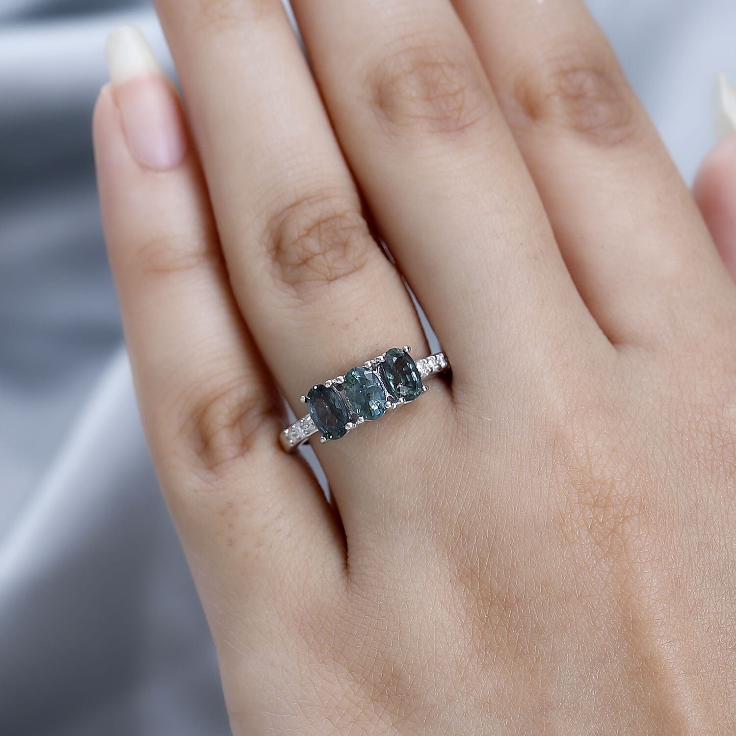 Natural Parti Sapphire and Moissanite Ring in Platinum Over Sterling Silver (Size 6.0) 1.50 ctw