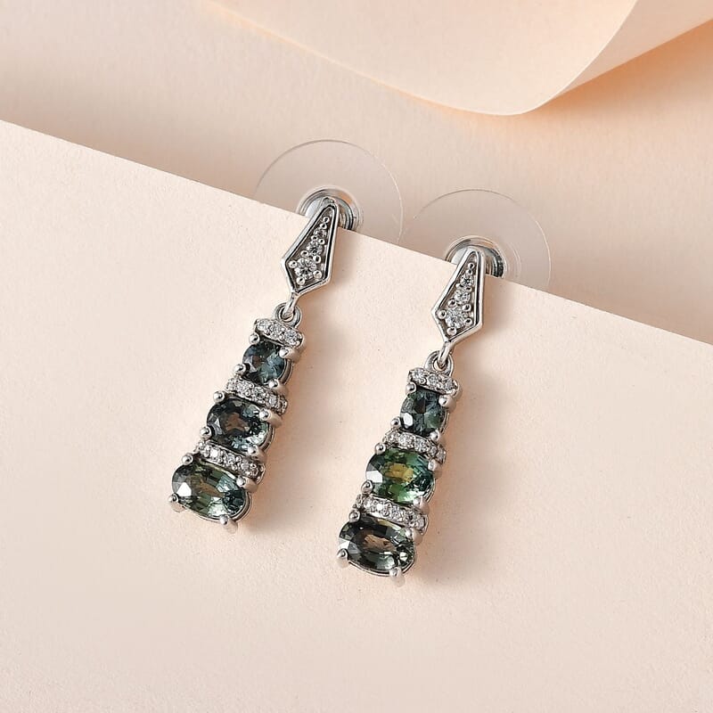 Natural Parti Sapphire and Moissanite Dangle Earrings in Platinum Over Sterling Silver 2.75 ctw