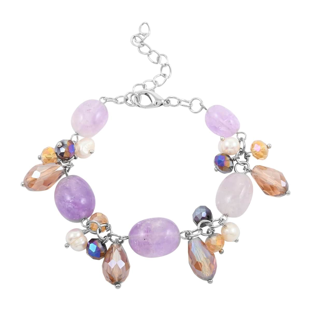 White Freshwater Pearl, Amethyst and Multi Glass Bracelet in Silvertone (7.50-8.50) 0.50 ctw image number 0
