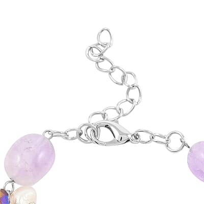 White Freshwater Pearl, Amethyst and Multi Glass Bracelet in Silvertone (7.50-8.50) 0.50 ctw