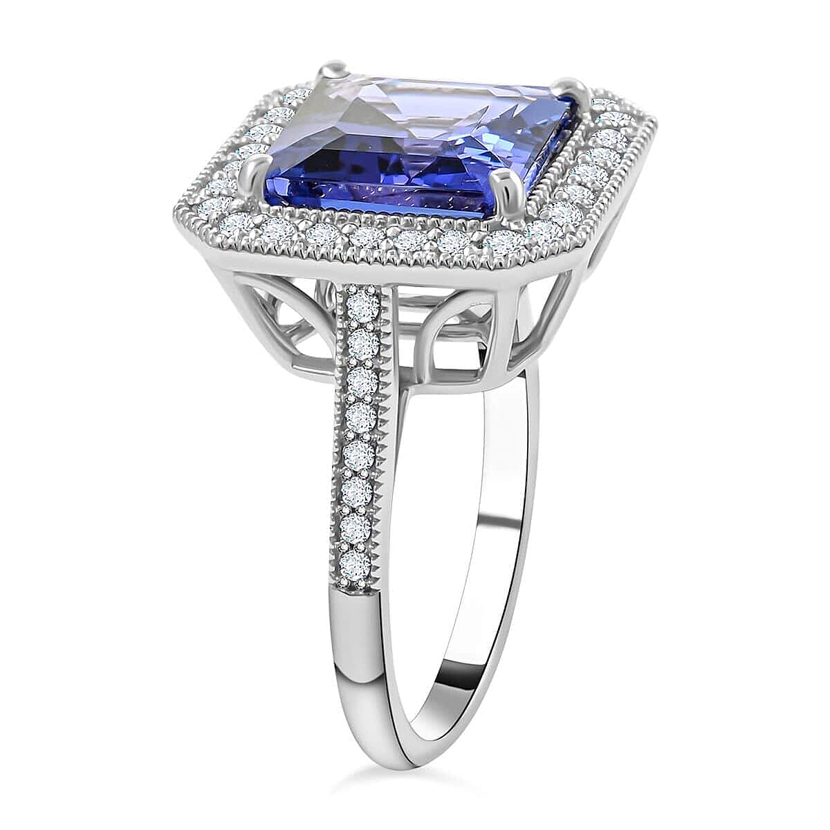 Certified & Appraised Rhapsody 950 Platinum AAAA Asscher Cut Tanzanite, Diamond (E-F, VS) (0.52 cts) Halo Ring (Size 7.0) (8.30 g) 6.35 ctw image number 3
