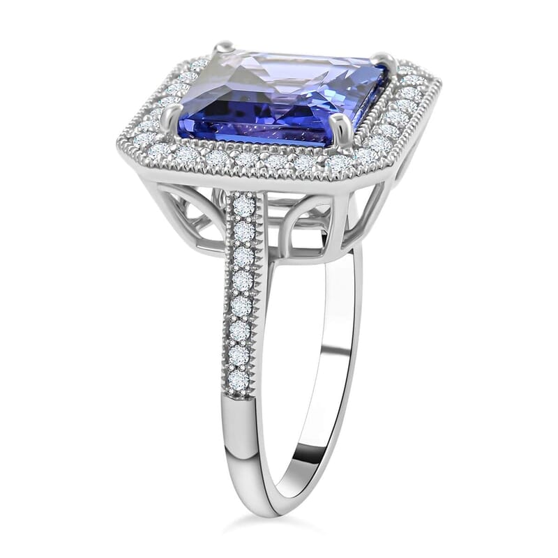 Certified & Appraised Rhapsody 950 Platinum AAAA Asscher Cut Tanzanite and E-F VS Diamond Halo Ring (Size 10.0) 8.30 Grams 6.35 ctw