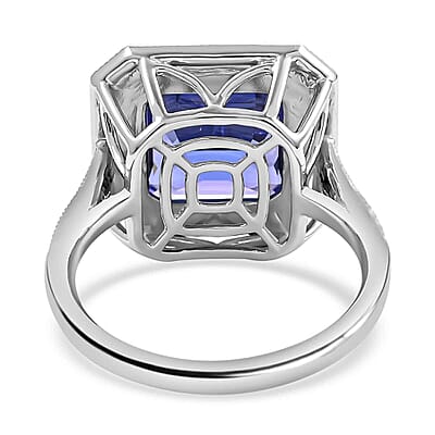 Certified & Appraised Rhapsody 950 Platinum AAAA Asscher Cut Tanzanite and E-F VS Diamond Halo Ring (Size 10.0) 8.30 Grams 6.35 ctw