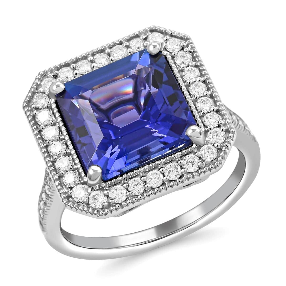 Certified & Appraised Rhapsody 950 Platinum AAAA Asscher Cut Tanzanite and E-F VS Diamond Halo Ring (Size 8.0) 8.30 Grams 6.35 ctw image number 0