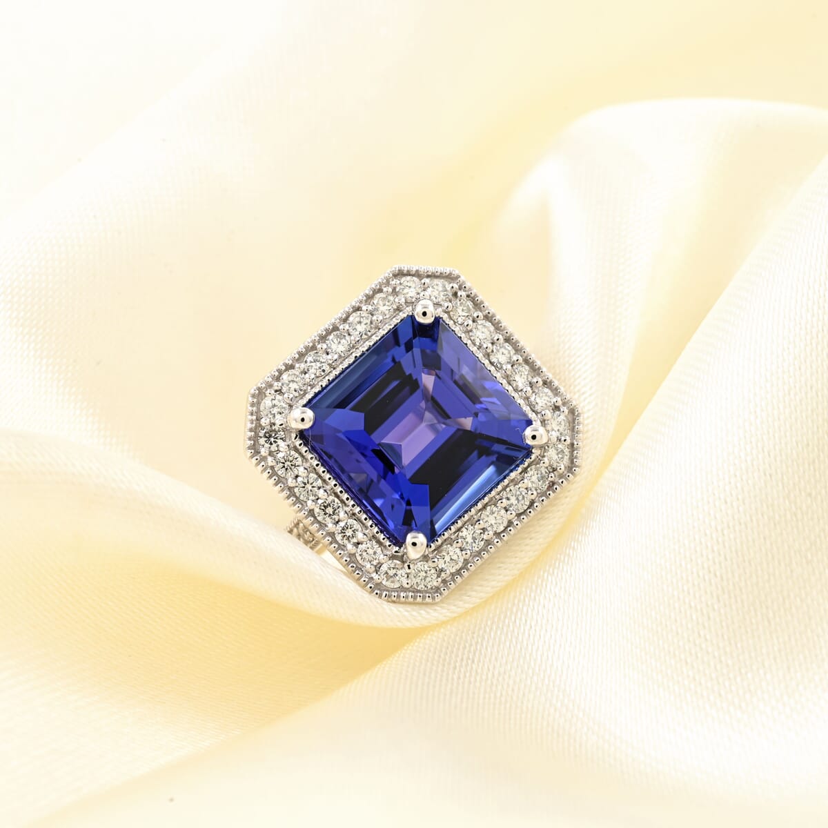 Certified & Appraised Rhapsody 950 Platinum AAAA Asscher Cut Tanzanite and E-F VS Diamond Halo Ring (Size 8.0) 8.30 Grams 6.35 ctw image number 1