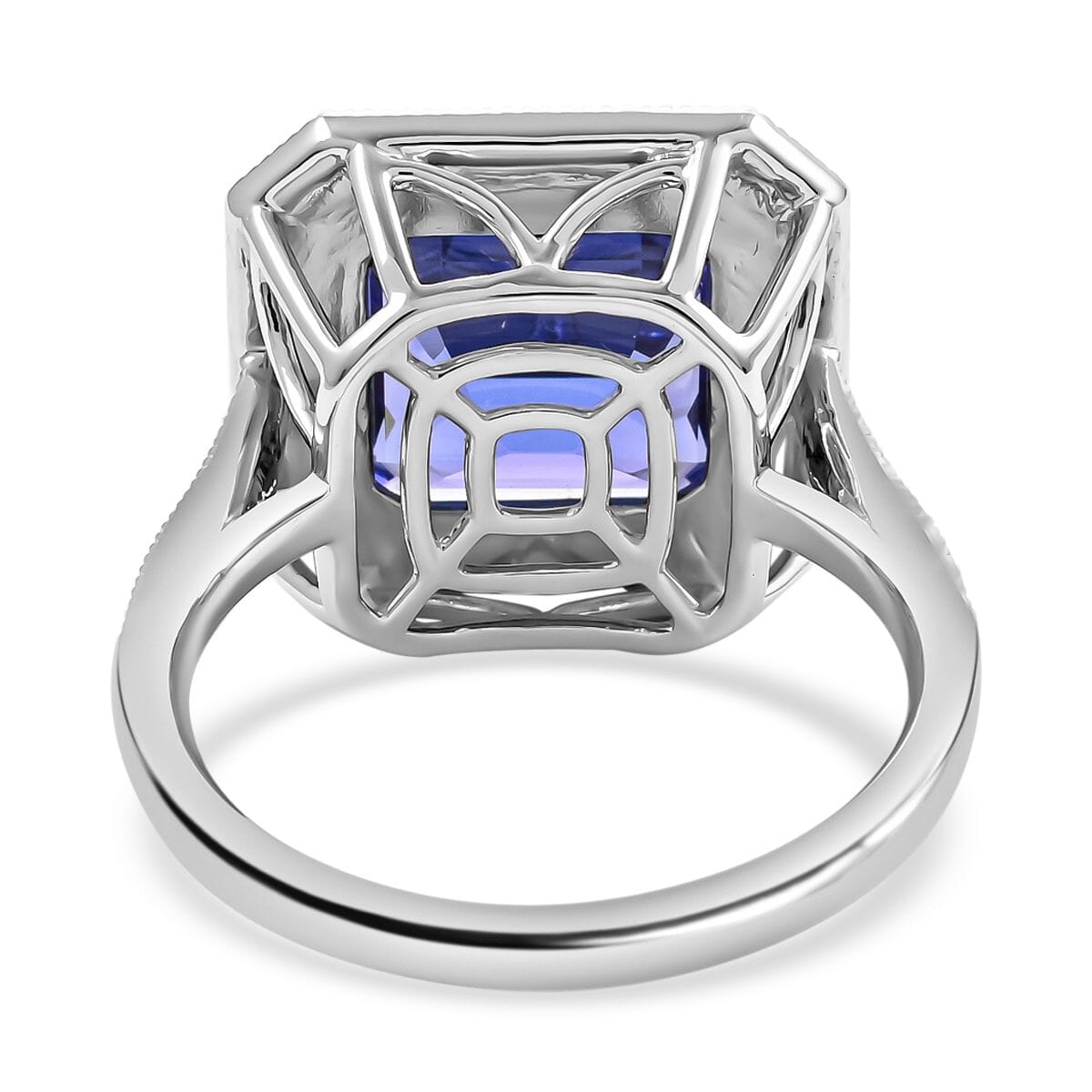 Certified & Appraised Rhapsody 950 Platinum AAAA Asscher Cut Tanzanite and E-F VS Diamond Halo Ring (Size 8.0) 8.30 Grams 6.35 ctw image number 4