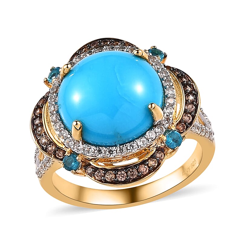 Premium Sleeping Beauty Turquoise and Multi Gemstone Ring in Vermeil Yellow Gold Over Sterling Silver (Size 10.0) 6.35 ctw