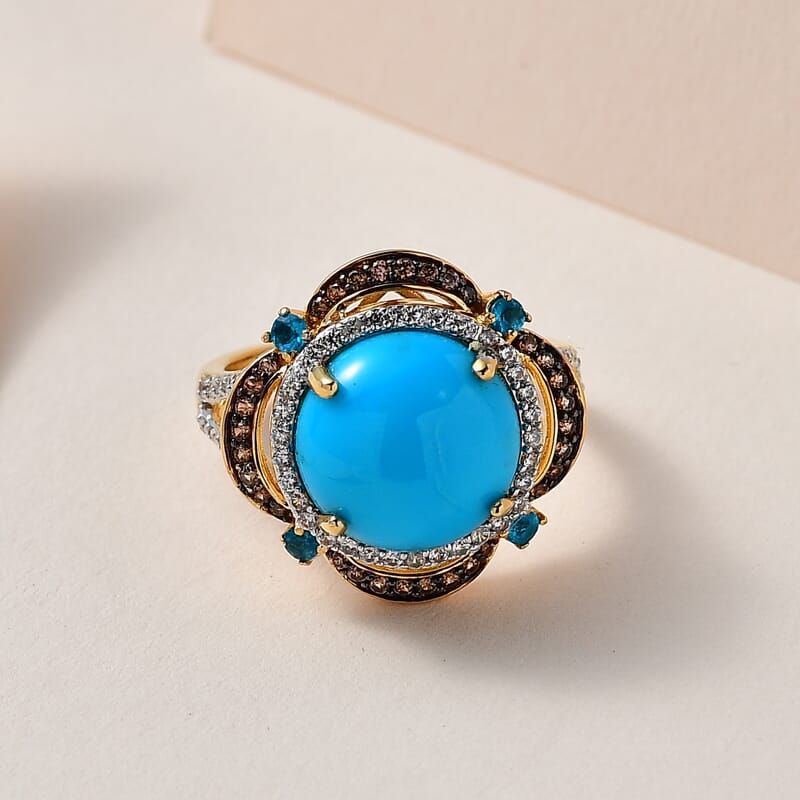Premium Sleeping Beauty Turquoise and Multi Gemstone Ring in Vermeil Yellow Gold Over Sterling Silver (Size 10.0) 6.35 ctw