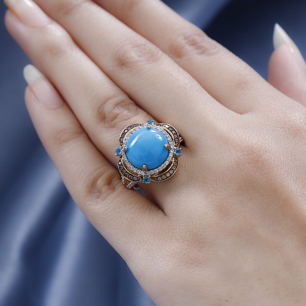 Premium Sleeping Beauty Turquoise and Multi Gemstone Ring in Vermeil Yellow Gold Over Sterling Silver 6.35 ctw (Del. in 7-10 Days) image number 2