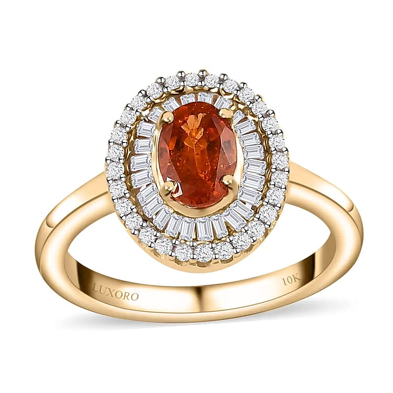 Luxoro 10K Yellow Gold AAA Nigerian Spessartite Garnet and Diamond Double Halo Ring (Size 6.0) 1.55 ctw