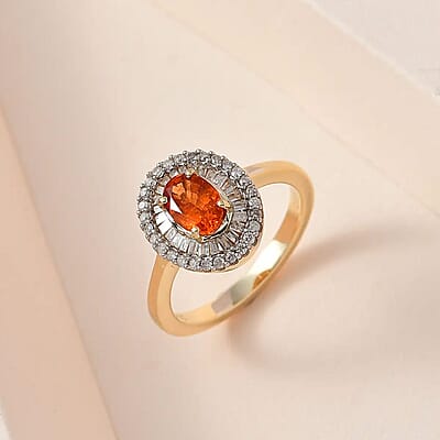 Luxoro 10K Yellow Gold AAA Nigerian Spessartite Garnet and Diamond Double Halo Ring (Size 6.0) 1.55 ctw
