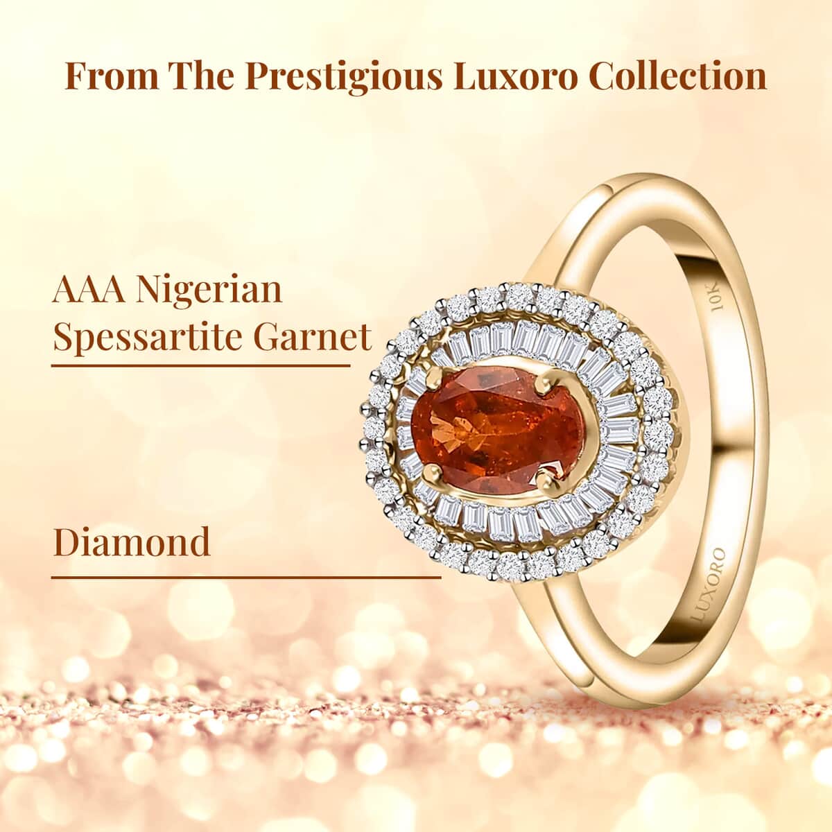 Luxoro 10K Yellow Gold AAA Nigerian Spessartite Garnet and Diamond Double Halo Ring (Size 7.0) 1.55 ctw image number 2